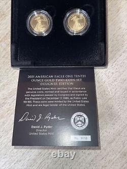 2021 W American Gold Eagle 1/10 oz Proof Two Coin Set-Hand signed By David Ryder