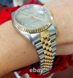 36MM Rolex Datejust Two Tone 18k Gold Steel Gray Arabic Jubilee Watch 16233