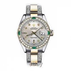 Ladies Rolex Silver Baguette 26mm Datejust Two Tone Side Diamonds + Emerald
