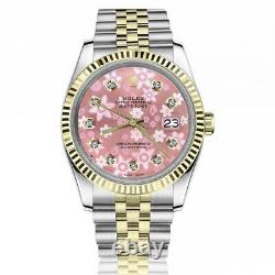 Rolex 36mm Datejust 1986 Pink Flower Dial W Diamonds Fluted Bezel Two Tone Watch