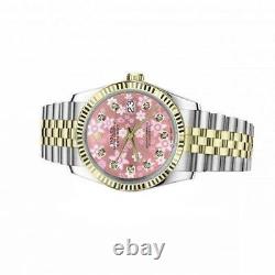 Rolex 36mm Datejust 1986 Pink Flower Dial W Diamonds Fluted Bezel Two Tone Watch