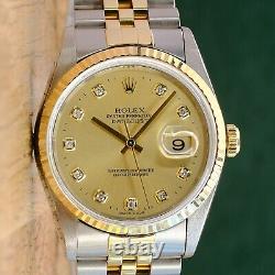 Rolex Datejust 16233 Watch Champagne Diamond Dial 18k Fluted Two-tone Jubilee