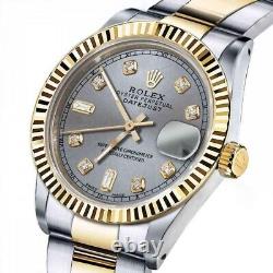Rolex Datejust 36 MM Slate Grey Baguette Diamond Dial Oyster Band Two Tone Watch
