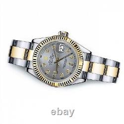Rolex Datejust 36 MM Slate Grey Baguette Diamond Dial Oyster Band Two Tone Watch