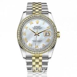 Rolex Datejust 36 MM White Pearl Roman Numeral Dial Diamond Bezel Two Tone Watch