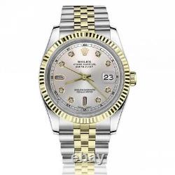Rolex Datejust 36mm Silver Baguette Diamond Dial Automatic Two Tone Watch
