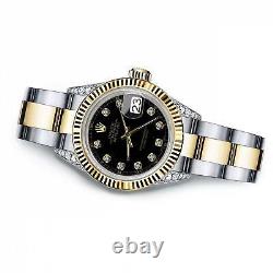 Rolex Datejust Ladies Diamond Lugs Black Dial 26mm Fluted Bezel Two Tone Watch