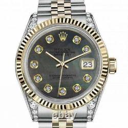 Rolex Datejust Ladies Diamond Lugs Black Pearl Dial 26mm Two Tone Watch