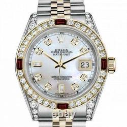 Rolex Datejust Ruby 36 MM White Pearl Baguette Dial Two Tone Diamond Watch