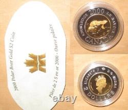 2000 CANADA Pièce de monnaie en or et en argent Proof d'ours polaire en or 2 $ avec certificat d'authenticité et boîte