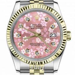 'Montre Rolex 36mm Datejust 1986 Cadran à fleurs roses avec diamants, lunette cannelée bicolore'