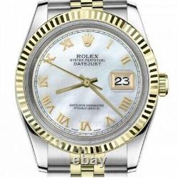 Montre Rolex Datejust 36 MM Cadran en nacre blanche avec chiffres romains et bracelet Jubilé bicolore