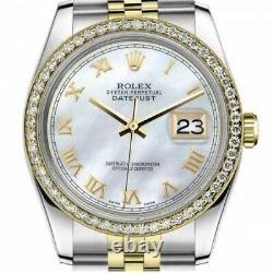 Montre Rolex Datejust 36 MM avec cadran en nacre blanche, chiffres romains, lunette sertie de diamants et bracelet bicolore