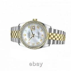 Montre Rolex Datejust 36 MM avec cadran en nacre blanche, chiffres romains, lunette sertie de diamants et bracelet bicolore