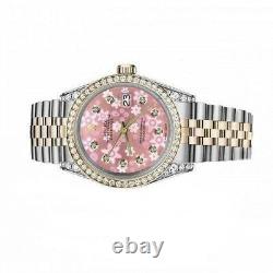 Montre Rolex Datejust 36 mm avec cadran rose brillant à motif floral, lunette et attaches serties de diamants, en deux tons.