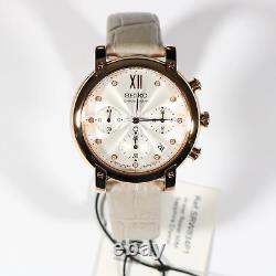 Montre chronographe Seiko pour femme avec cadran blanc texturé et ton doré rose SRW834P1