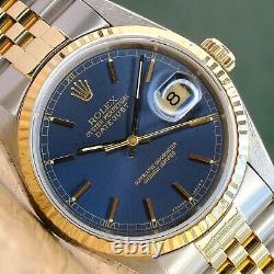 Montre mixte Rolex Datejust 16233 avec cadran bleu à index en or, lunette cannelée et bracelet Jubilee bicolore