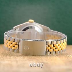 Montre mixte Rolex Datejust 16233 avec cadran bleu à index en or, lunette cannelée et bracelet Jubilee bicolore
