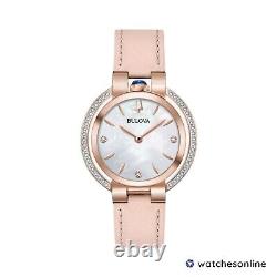Nouvelle montre Bulova pour femme Rubaiyat en or rose avec boîtier en cuir rose 98R267