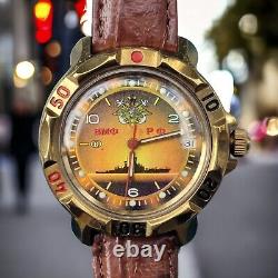 Nouvelle montre Vostok vintage pour hommes, cadran hologramme ton or, bracelet en cuir d'alligator, Russie.
