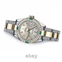Sac en argent Rolex pour dames avec diamants en baguette de 26 mm Datejust en deux tons + émeraude